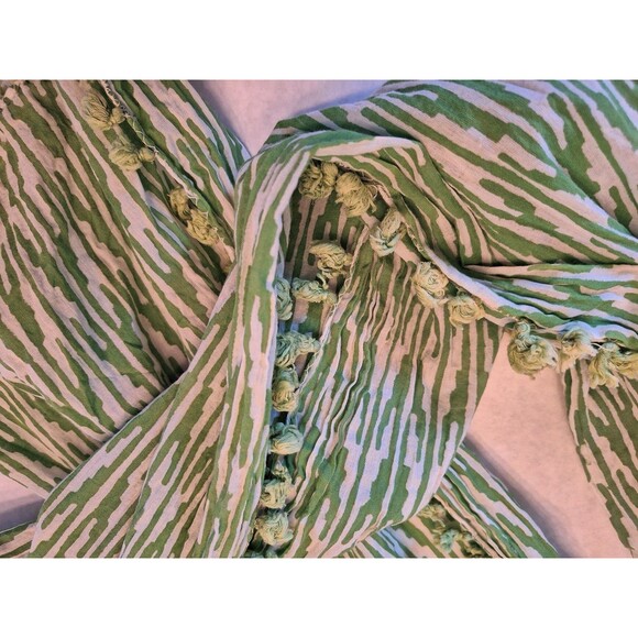 Roberta Roller Rabbit Pom Pom Trim Scarf Green and White 74 x 19 Cotton - Picture 5 of 9